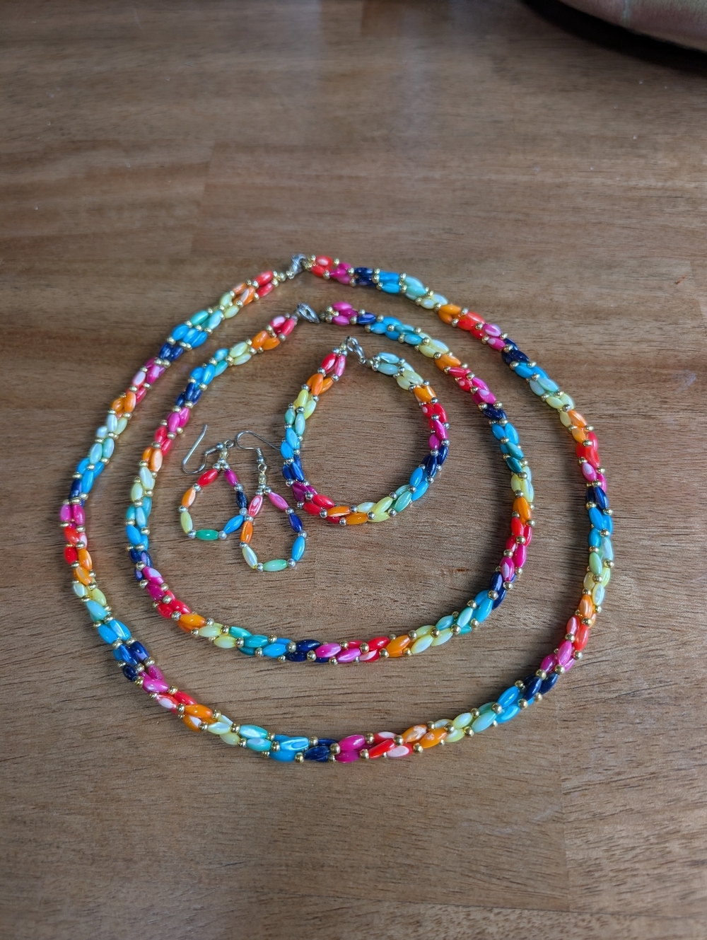 Braided Twist Colored Rainbow Mother of Pearl Necklaces, Earrings Bracelet Set - Picture 7 of 10